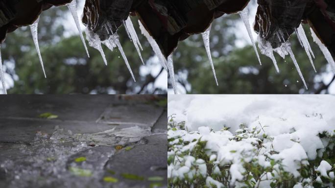 冬天下雪，古建筑屋檐结冰，冰溜子融化雪景