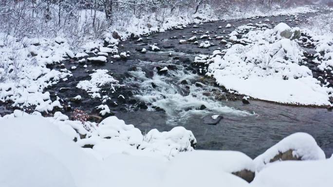 第一场雪 乡村振兴农村 雪景小河溪 生态