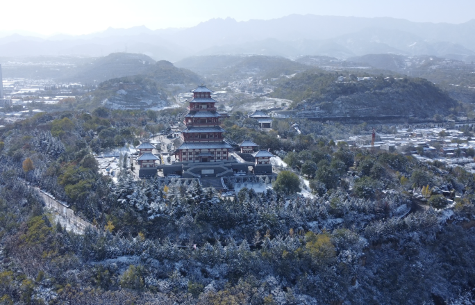 中华石鼓园宝鸡雪景渭河古建筑塔石鼓山