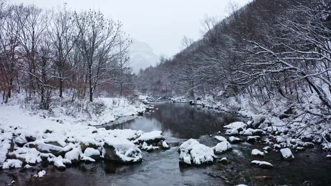 航拍 第一场雪 小河 乡村 唯美 振兴