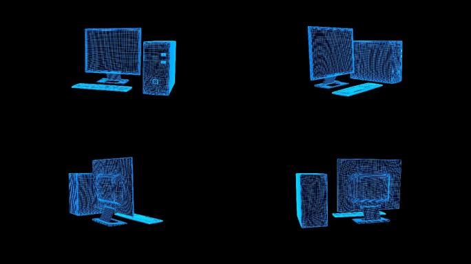 蓝色线框全息科技台式电脑动画带通道