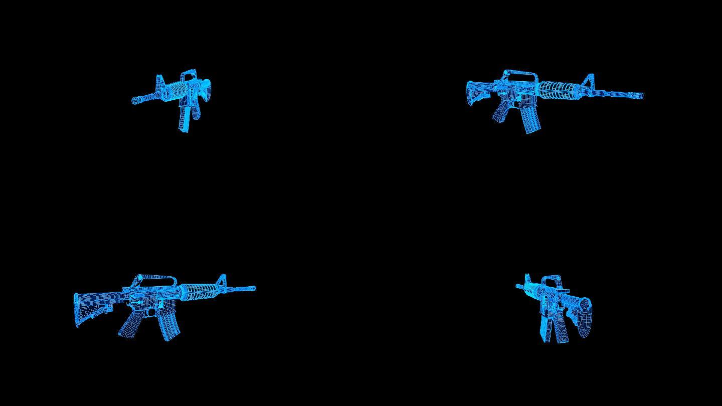 蓝色线框全息科技步枪动画带通道