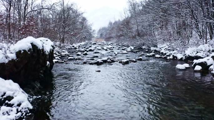 航拍 第一场雪 小河 乡村 唯美 振兴