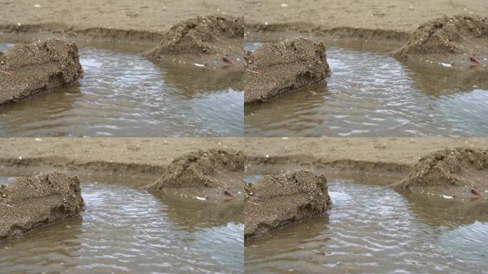 一个人在海边沙滩上堆沙堆，堆砌沙雕水坝