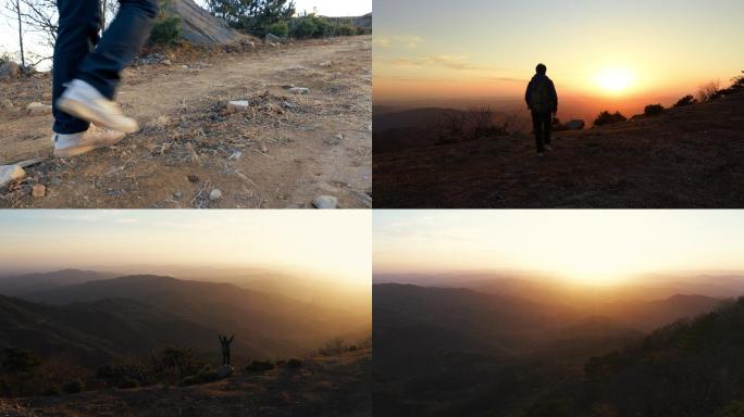 4K年轻男性背包登山看日落