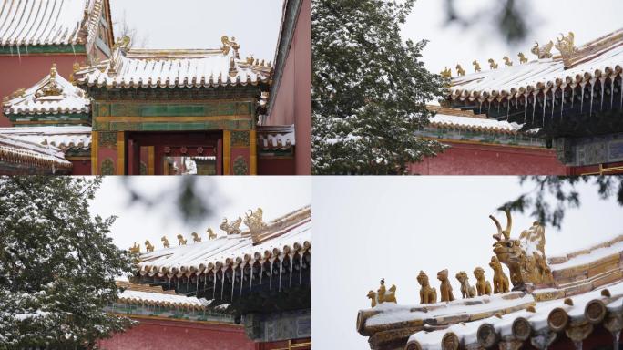 故宫雪景，屋檐积雪，屋脊兽特写，空镜转场