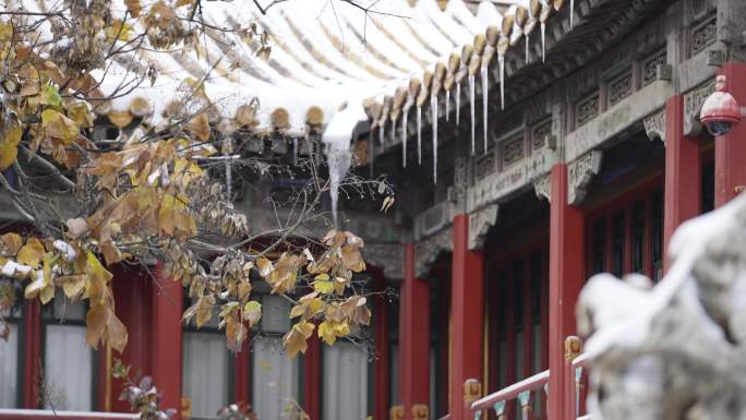 古建筑红墙，庭院雪景，空镜头