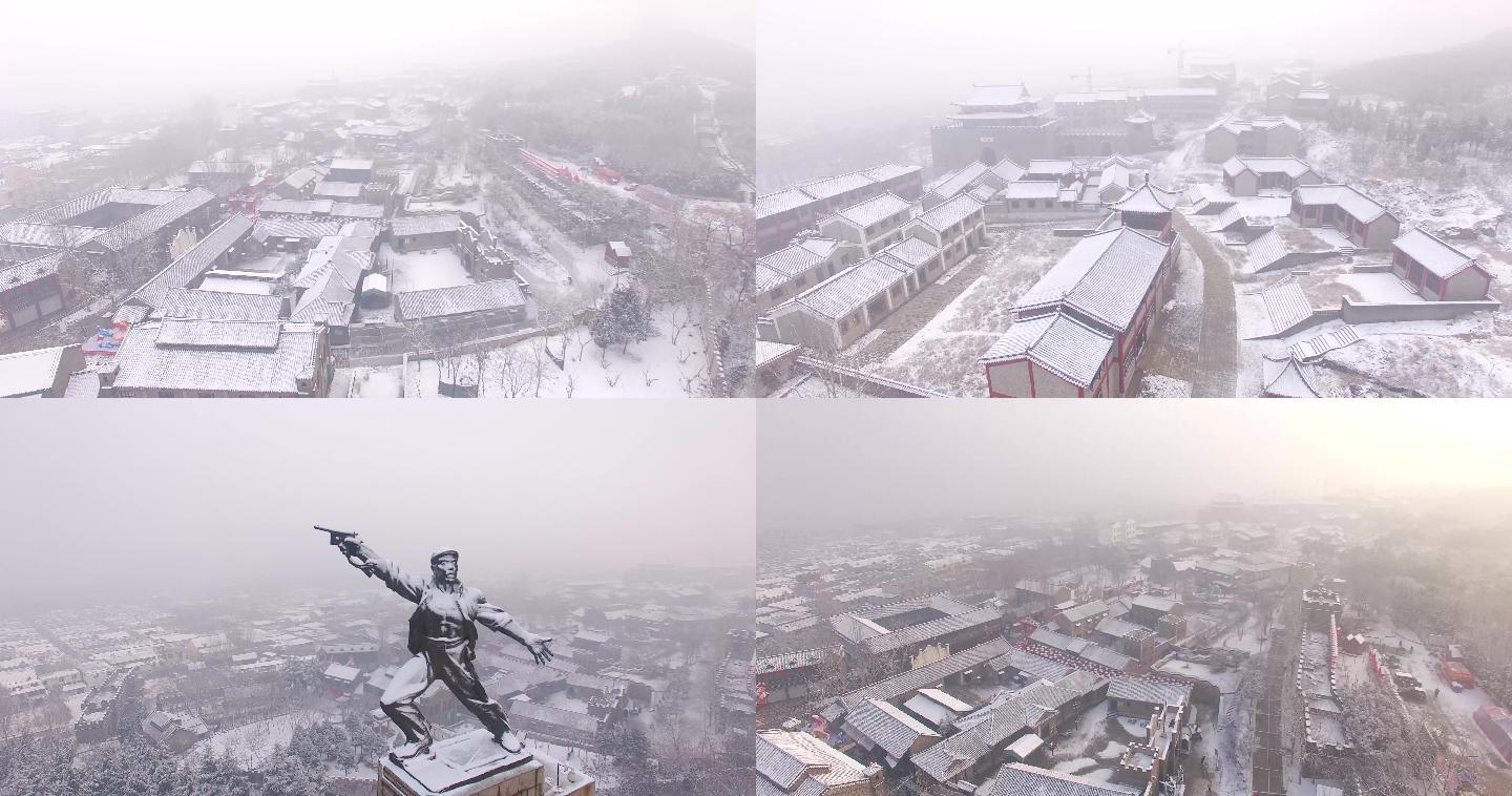 航拍雪中的薛城影视城