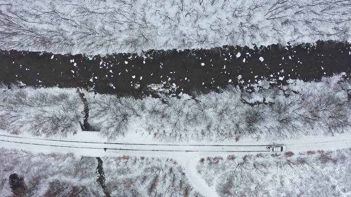 第一场雪 乡村振兴农村 雪景小河溪 生态