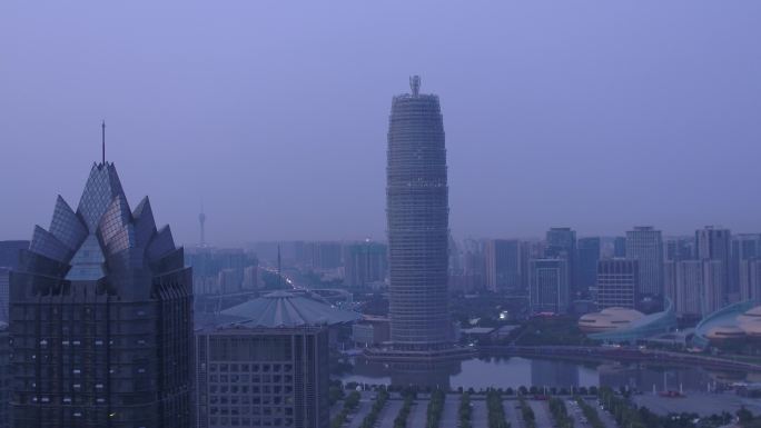 郑州早晨清晨的高新区大玉米CBD航拍4K