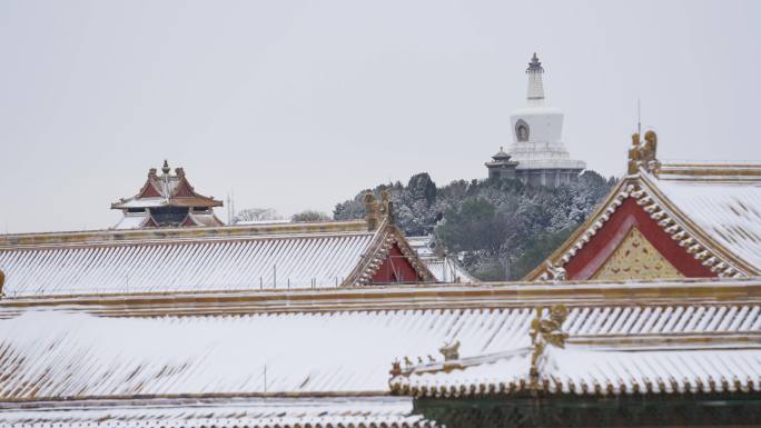 北京雪景空镜，故宫白塔，下雪