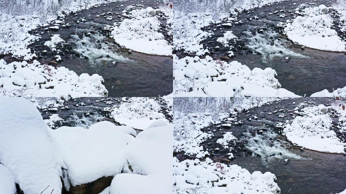 第一场雪 乡村振兴农村 雪景小河溪 生态