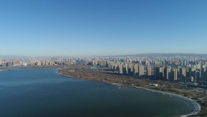 山西太原晋阳湖城市与湖航拍，4k画质