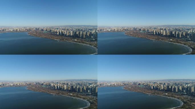 山西太原晋阳湖城市与湖航拍，4k画质