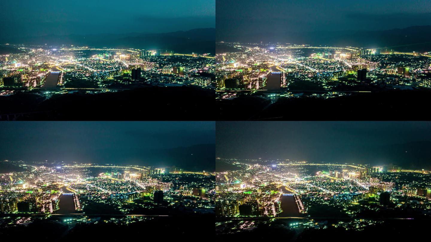 航拍延时广西梧州岑溪市城市夜景全景图