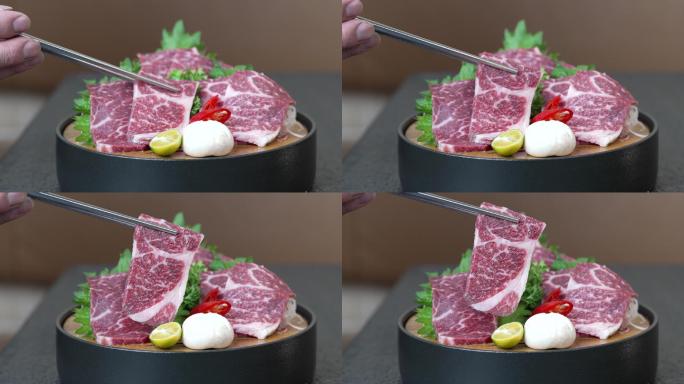 烤肉菜品雪花牛肉特写素材，4k画质