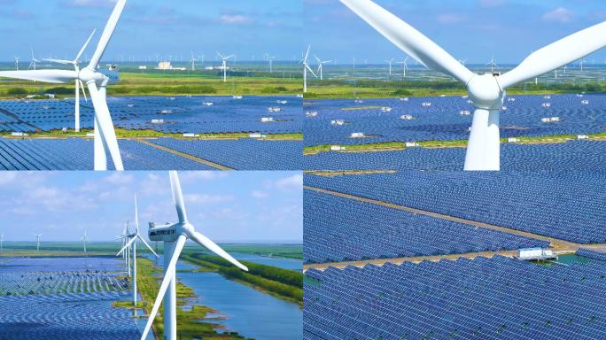 新能源风力发电太阳能风车特写4K航拍