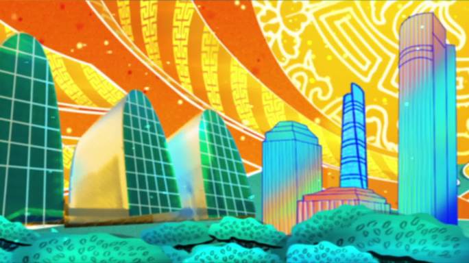 城市建筑 卡通动画 彩色 地标建筑 穿梭