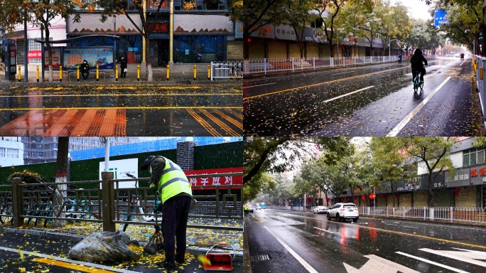 兰州2021年第一场雪疫情街道打扫落叶