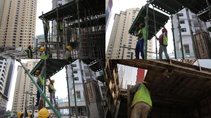 外国建筑工人搭建钢模板