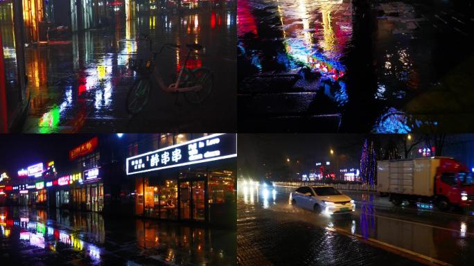 雨夜冷清的餐饮街纪实拍摄