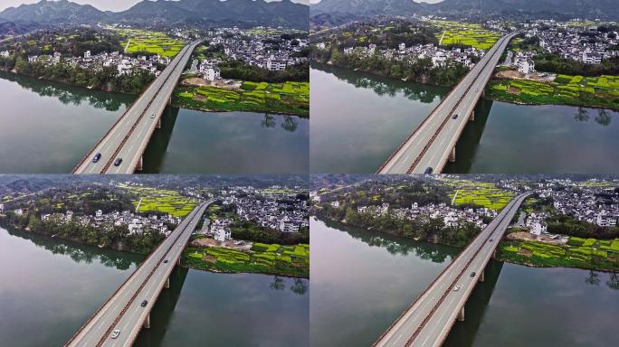 4K航拍安徽歙县雄村大桥高速穿越新安江