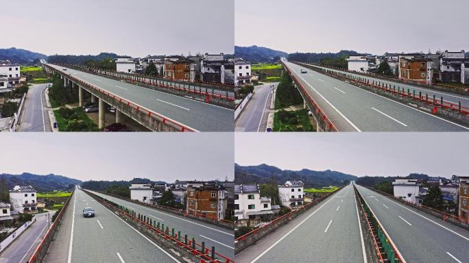 4K航怕高速公路穿过农村民居和江水
