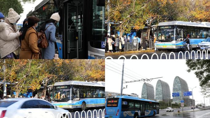 北京公交站寒冷冬季乘坐公交车的市民