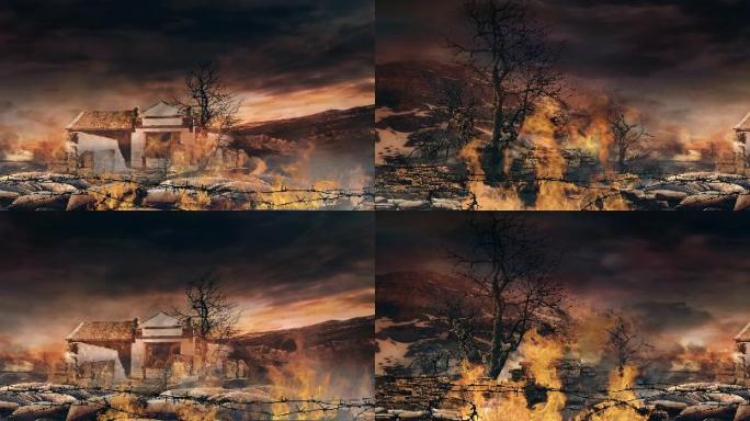 战火 房子 沙袋   铁丝网 战场