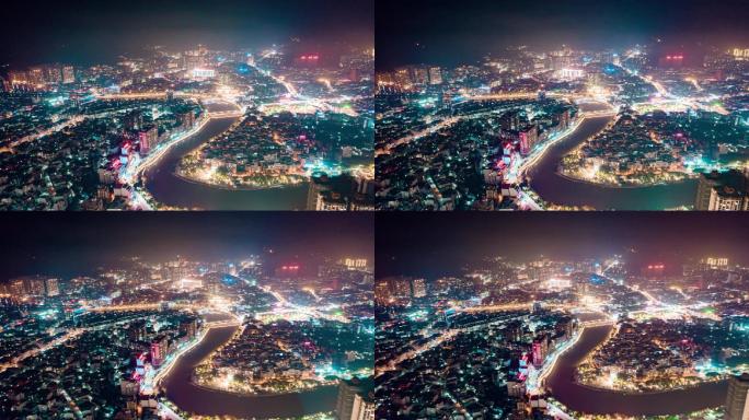 延时航拍广西梧州岑溪市城市夜景全景