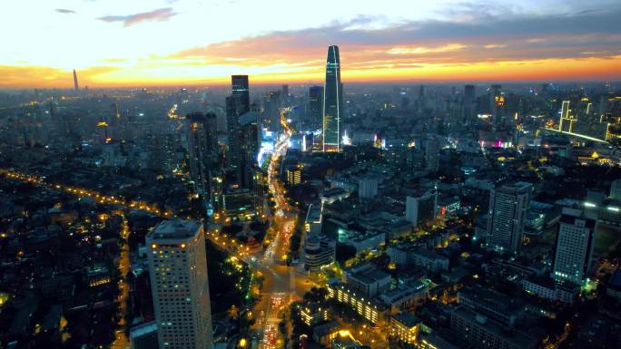 天津城市高楼建筑夜晚航拍