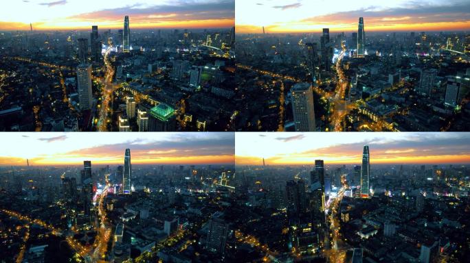 天津城市高楼建筑夜晚航拍