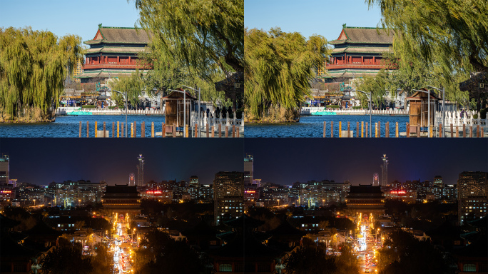 【4K】北京鼓楼远景日景+夜景延时