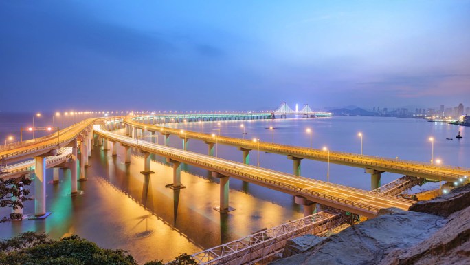 大连星海湾大桥日落旁晚夜景延时日转夜