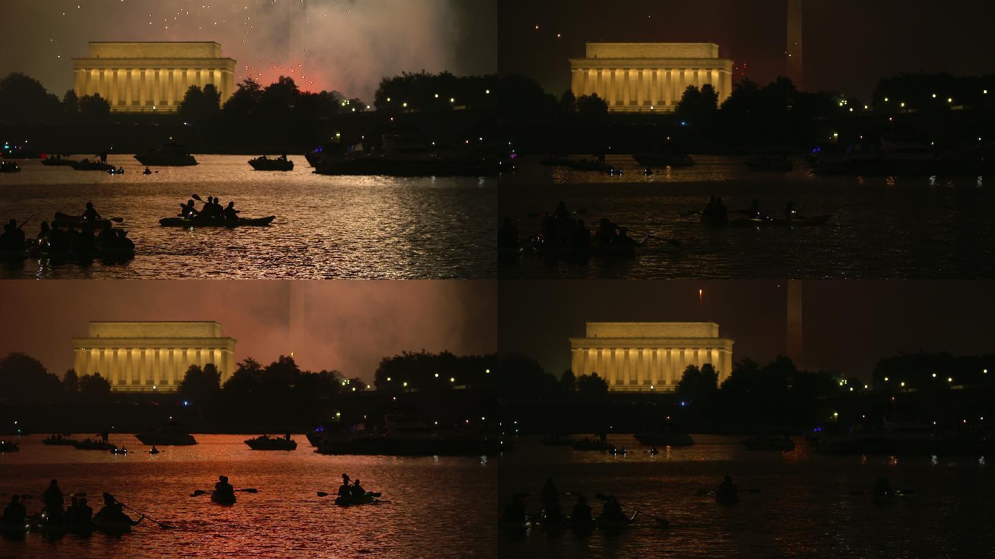 华盛顿燃放烟花前方是林肯纪念堂和皮划艇