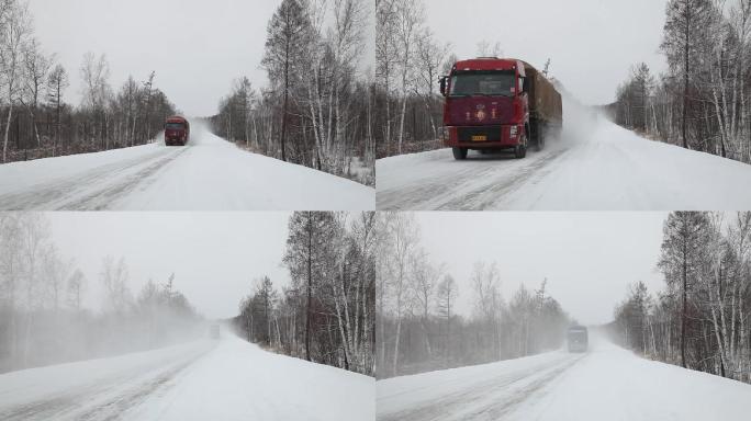 实拍暴风雪公路上疾驶卡车  雪地卡车