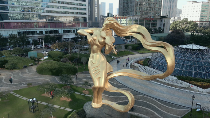 4K长沙芙蓉广场铜雕作品浏阳河航拍空镜