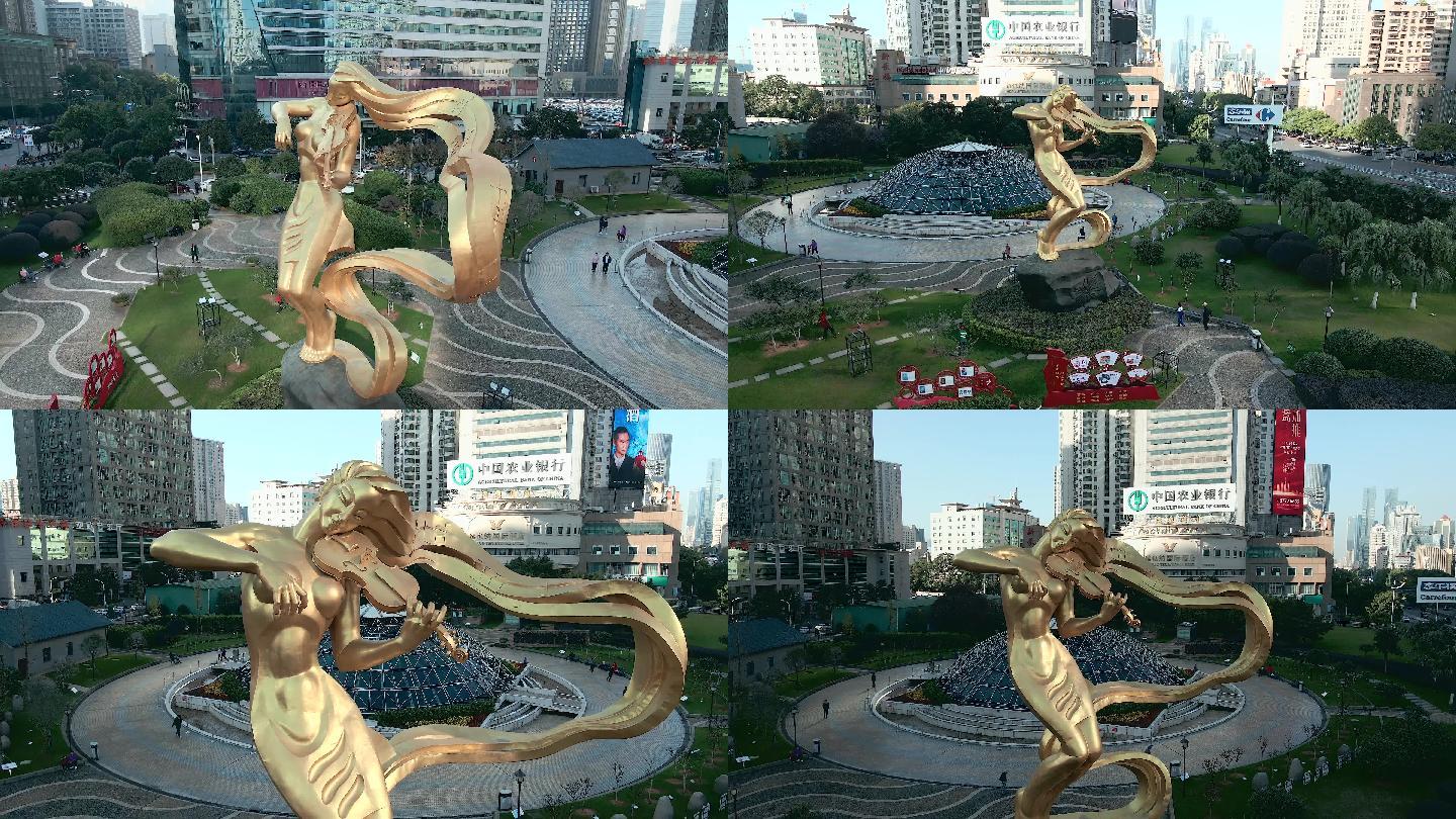4K长沙芙蓉广场铜雕作品浏阳河航拍空镜