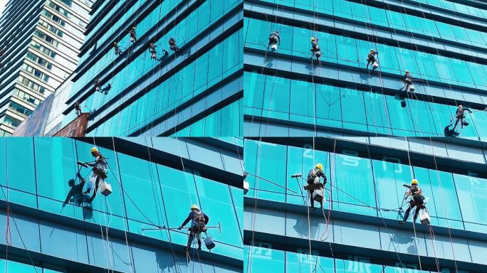 蜘蛛人农民工洗大楼玻璃视频素材