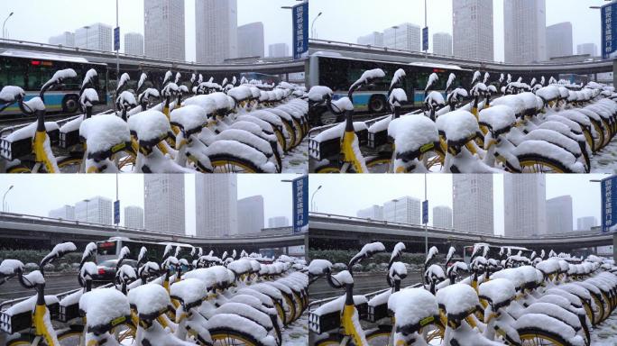 4K北京城市冬雪共享单车01