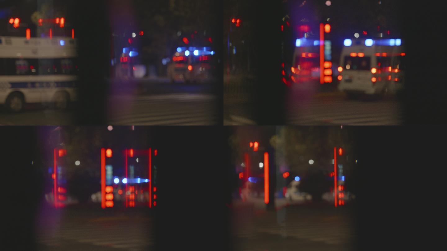 夜间玻璃反光折射警车救护车驶过