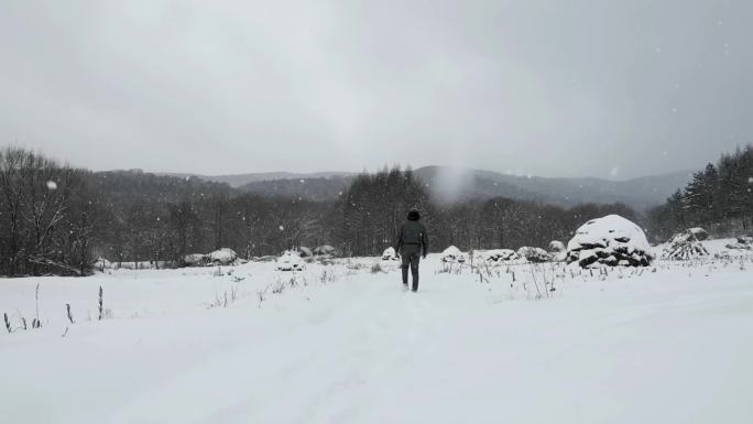 北方冬季雪天的田野小溪