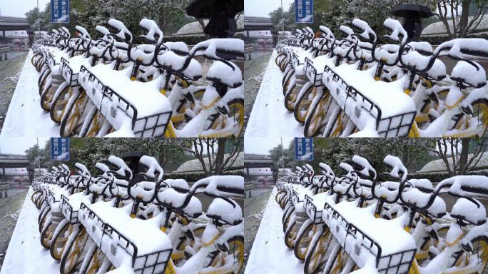 4K北京城市冬雪共享单车