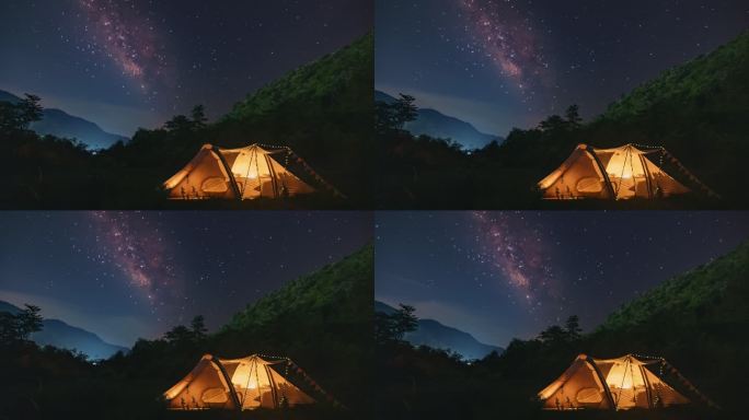 夜晚银河星空下的帐篷露营延时