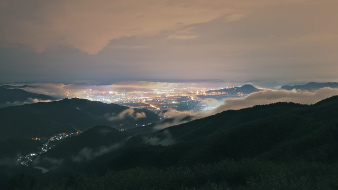 杭州富阳安顶山富春江山川云海夜景延时