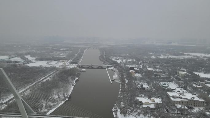 哈尔滨太阳岛雪天 斜拉桥航拍