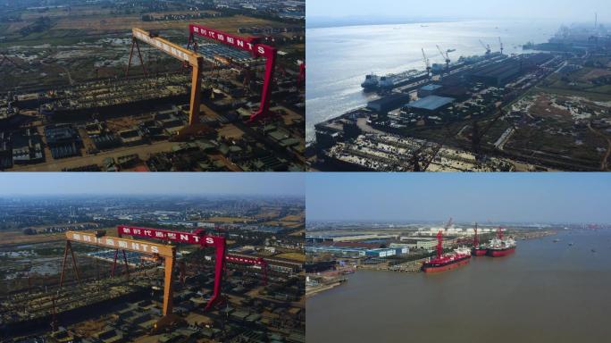 靖江新时代造船厂大气航拍LNG油轮4k
