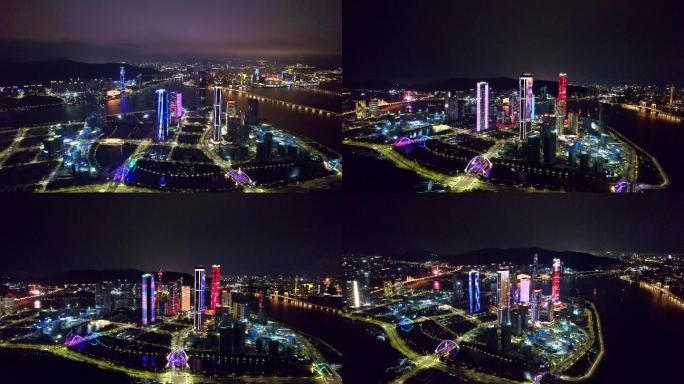 横琴新区澳门航拍城市夜景4k