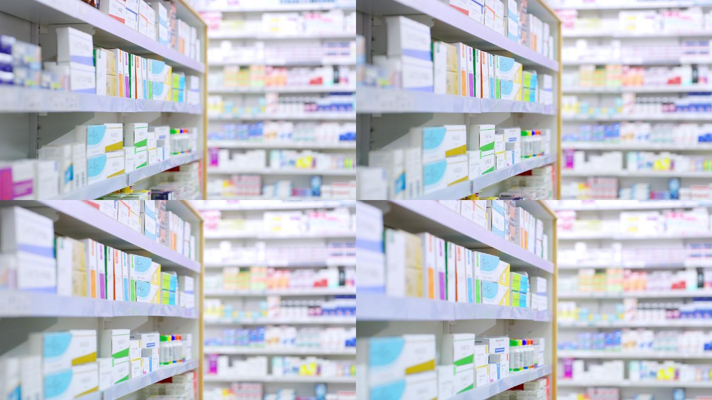 一家药店货架上摆放着各种药品