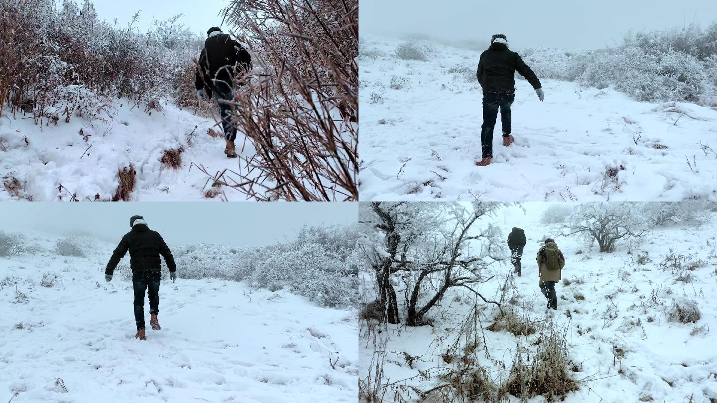 秦岭分水岭顶东佛沟雪景中奔跑的人物背影